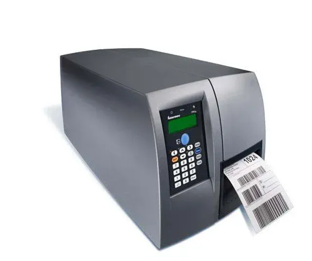 Black label printer with keypad printing a barcode label