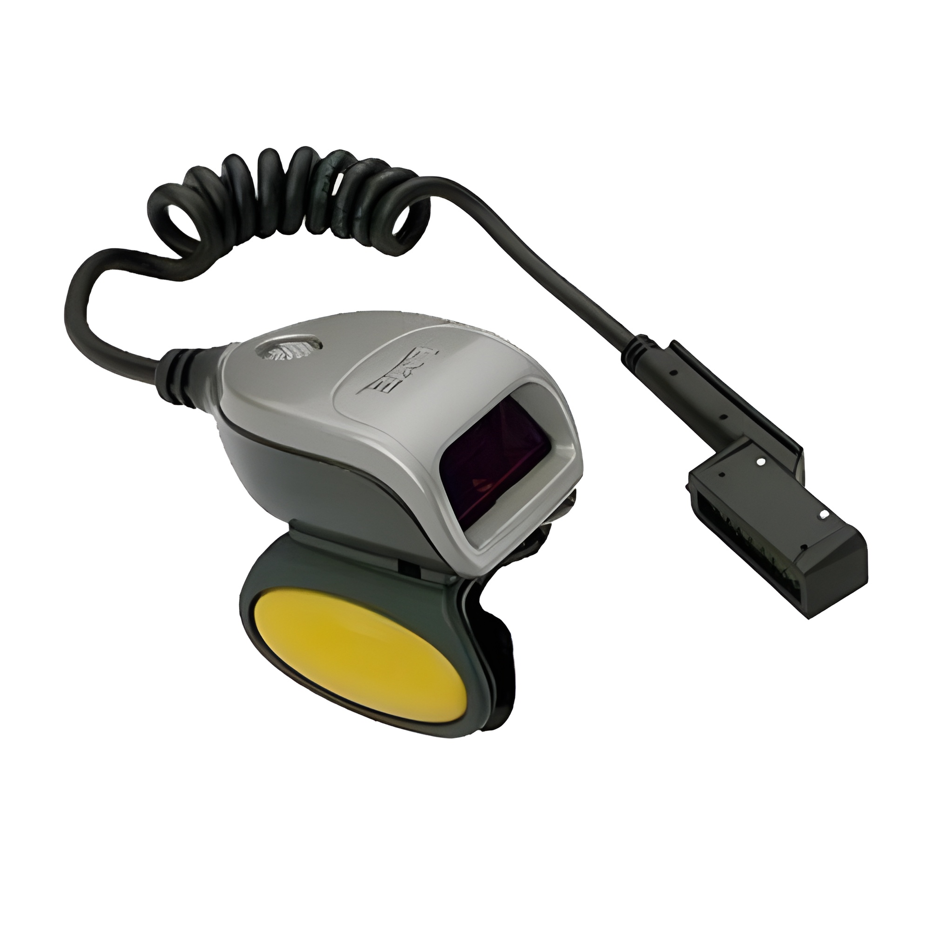 Silver handheld barcode scanner with black coiled cable and yellow trigger pad on a white background