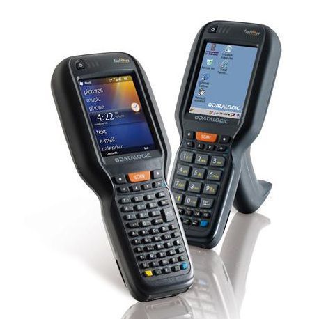 Two rugged handheld barcode scanners with small screens and keypads, standing upright on a white background