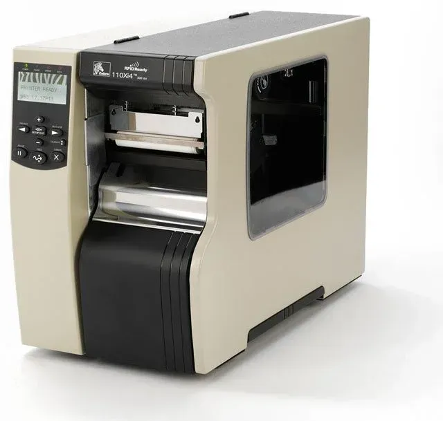 Beige desktop label printer with open front compartment and black control panel.