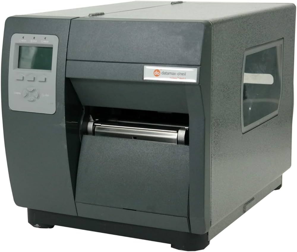Gray industrial label printer with front display and paper roll slot