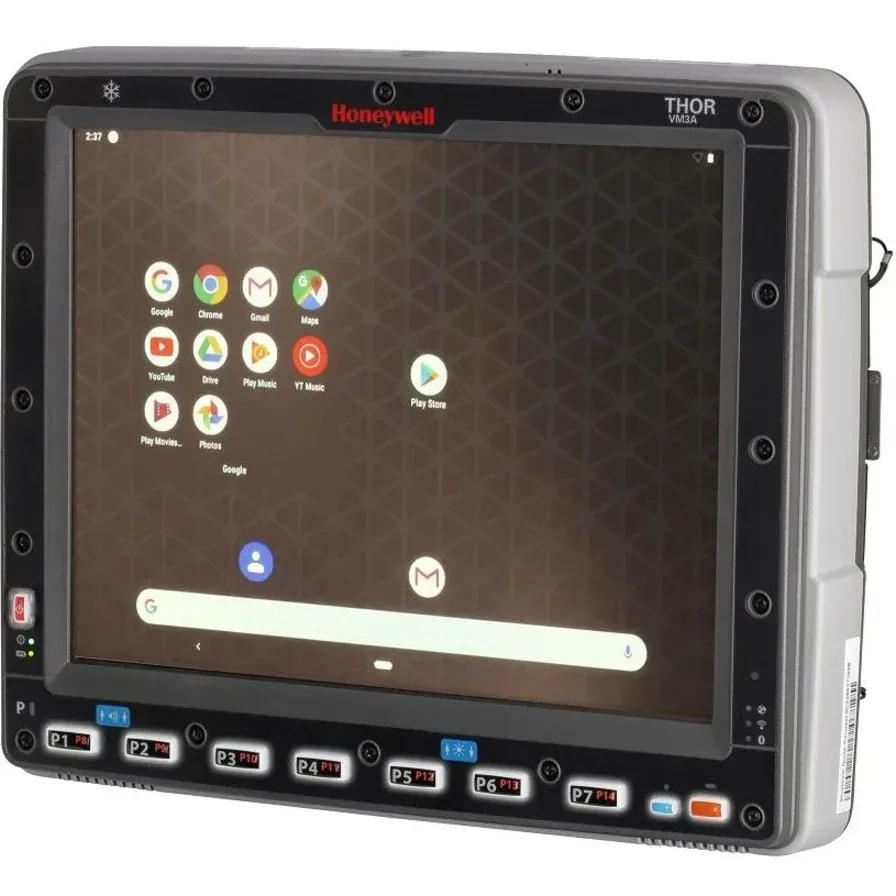 Honeywell tablet displaying an Android home screen in a rugged black frame
