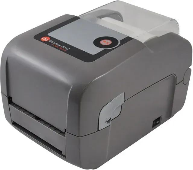 Gray desktop label printer with a top control panel and paper output slot