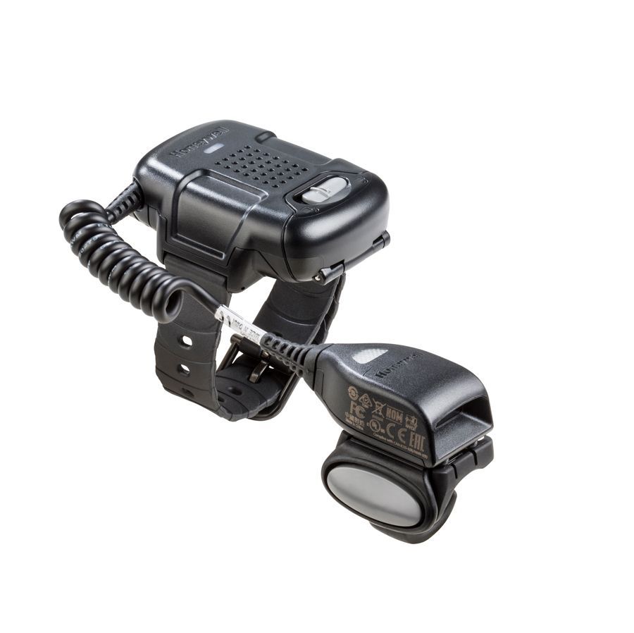 Black wearable electronic device with a coiled cable and adjustable strap, shown on a white background