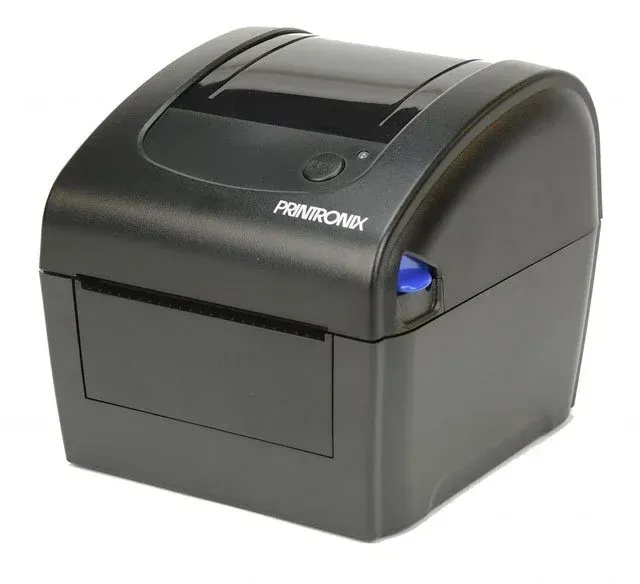 Black desktop thermal receipt printer with a paper slot and blue indicator light