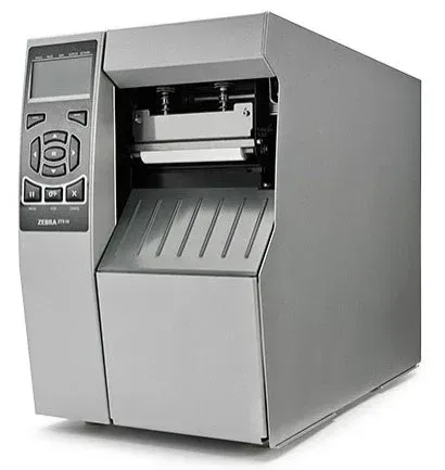 Gray industrial label printer with front control panel and paper tray opening
