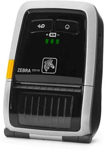 Black Zebra desktop label printer with silver sides, front panel buttons, and label exit slot