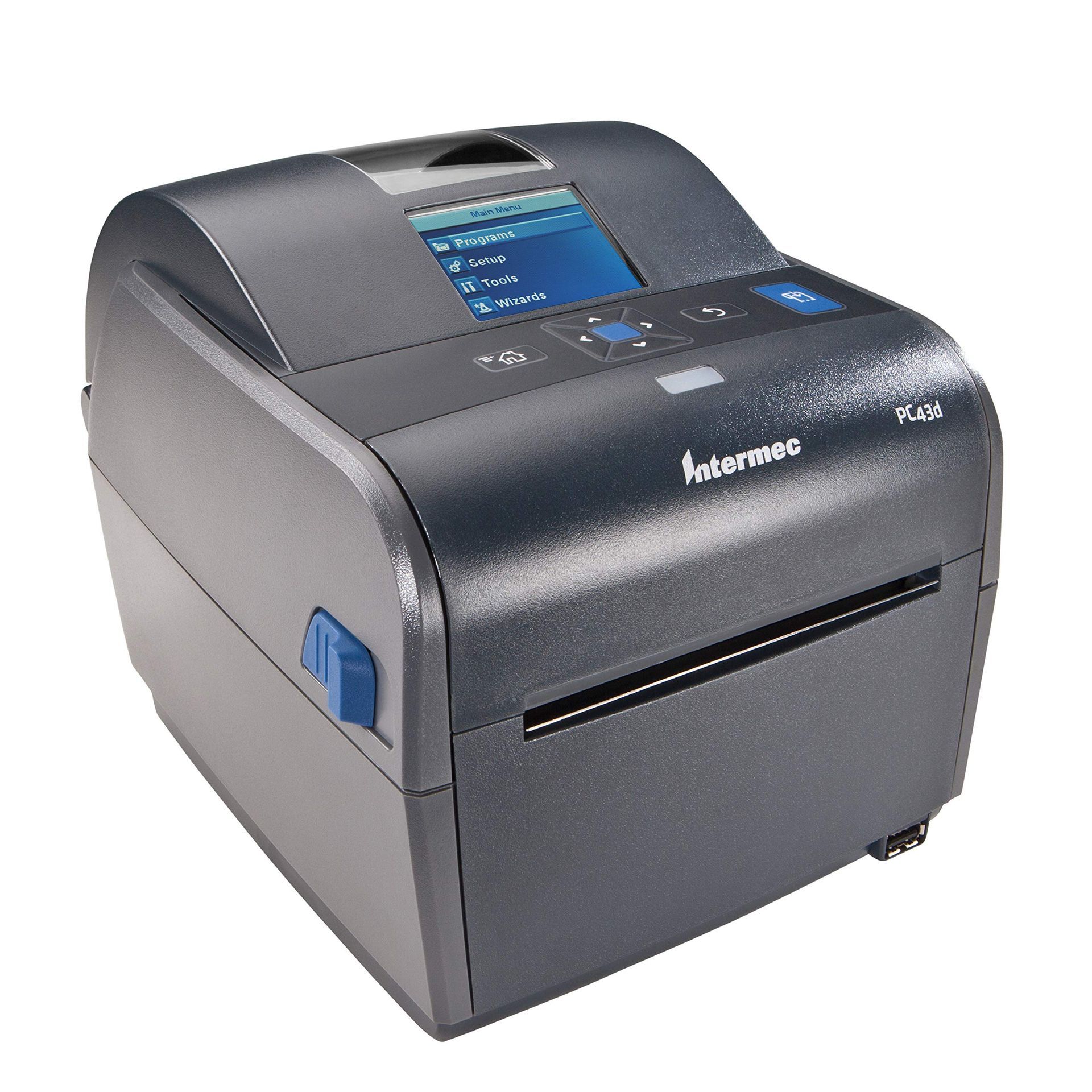Black desktop label printer with a blue display and front output slot