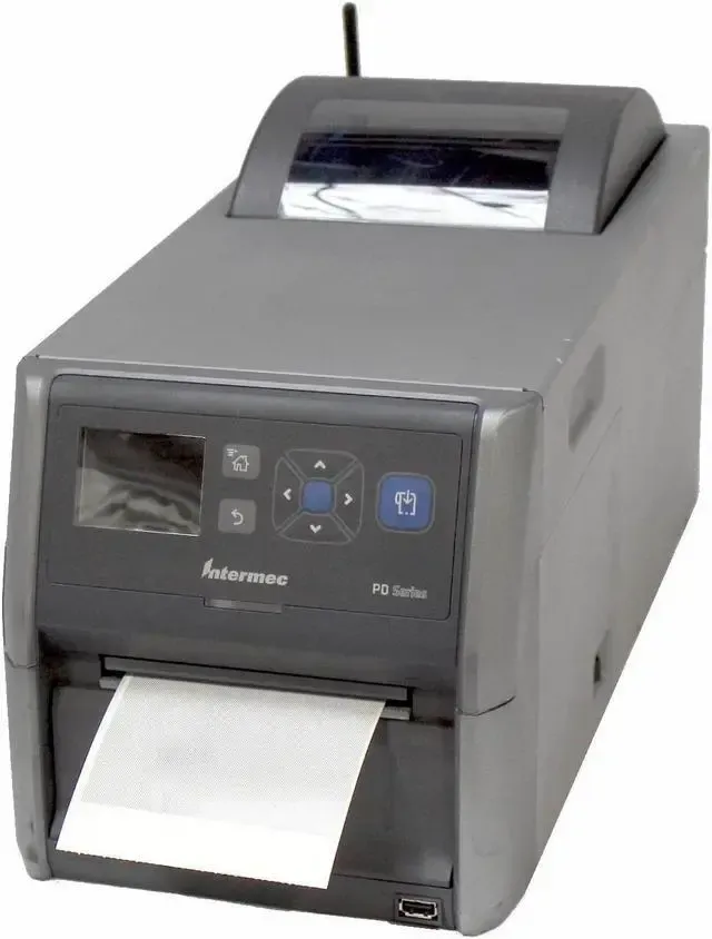 Gray label printer with a small display and paper feeding out the front