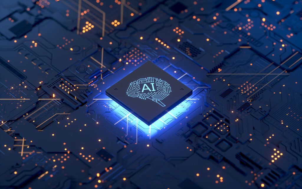 Glowing AI chip on a dark circuit board, lit with blue neon accents