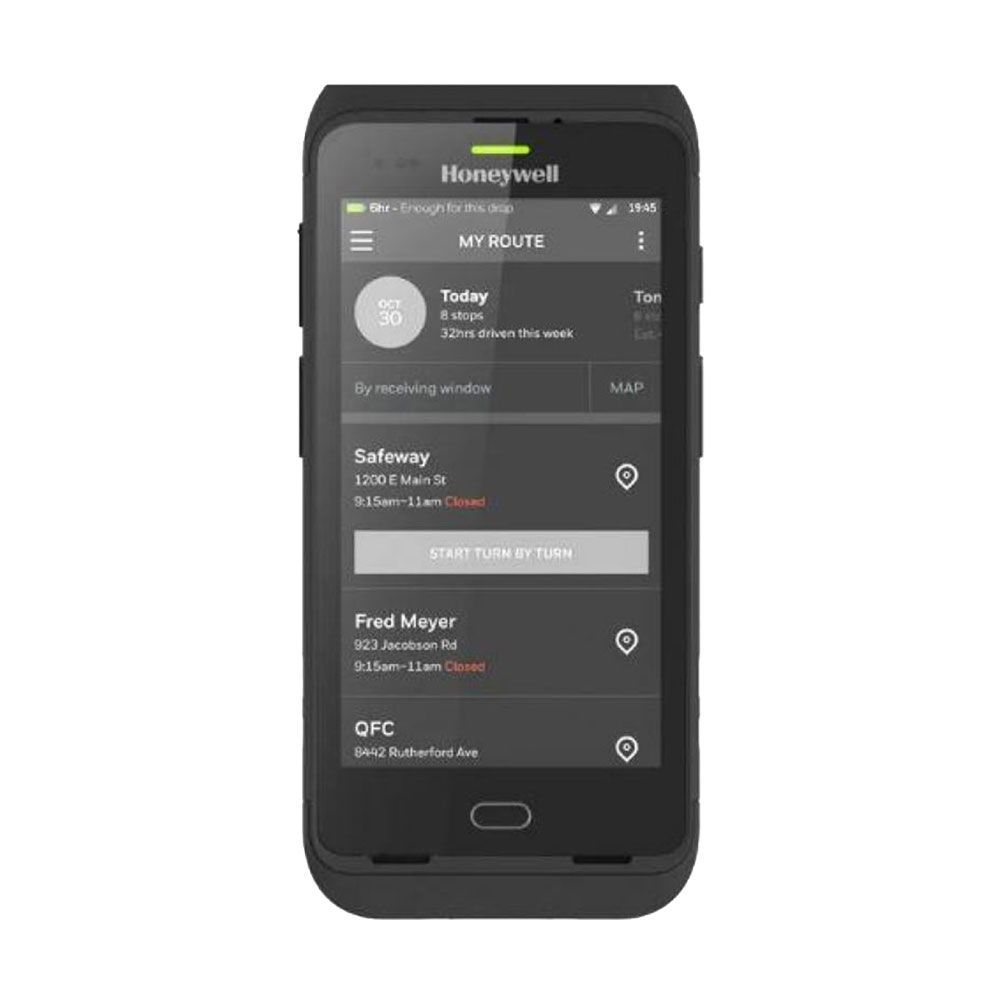 Honeywell handheld scanner showing a dark app screen with a list of tasks and locations