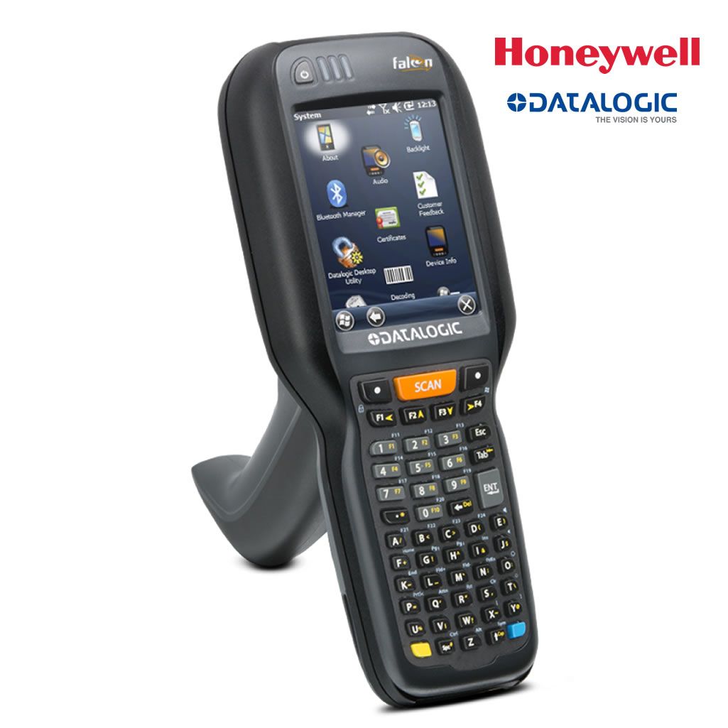 Honeywell Datalogic rugged handheld barcode scanner with keypad and screen, shown on white background