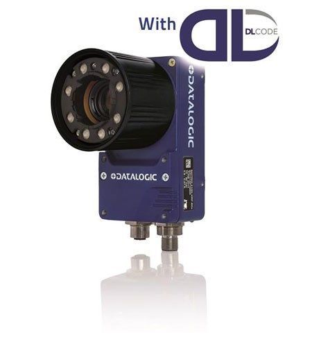 Blue industrial camera with lens and LEDs on white background, branded GAZAALOC with DL Decode logo