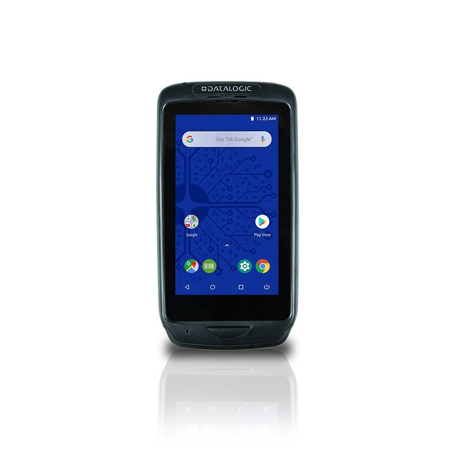Black handheld smartphone with a blue home screen, shown upright on a white background.