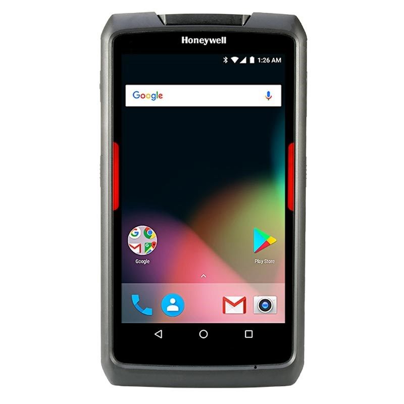 Honeywell handheld smartphone showing the Android home screen with app icons and Google search bar