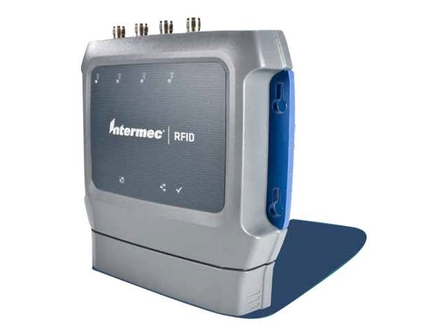 Silver and blue Intermec RFID reader device with antenna connectors on top and shadow to the right