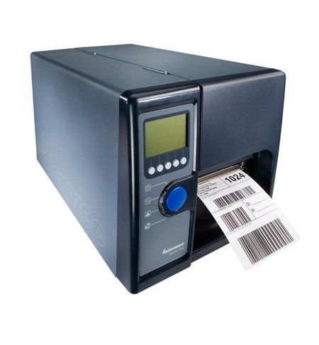 Black label printer printing a barcode label from the front slot