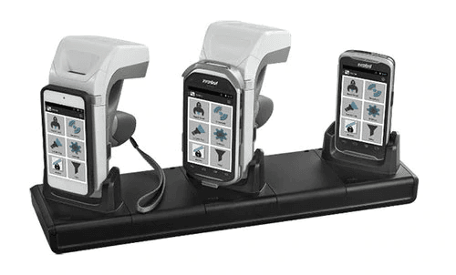 Three barcode scanners on a black charging dock, one with a coiled cable