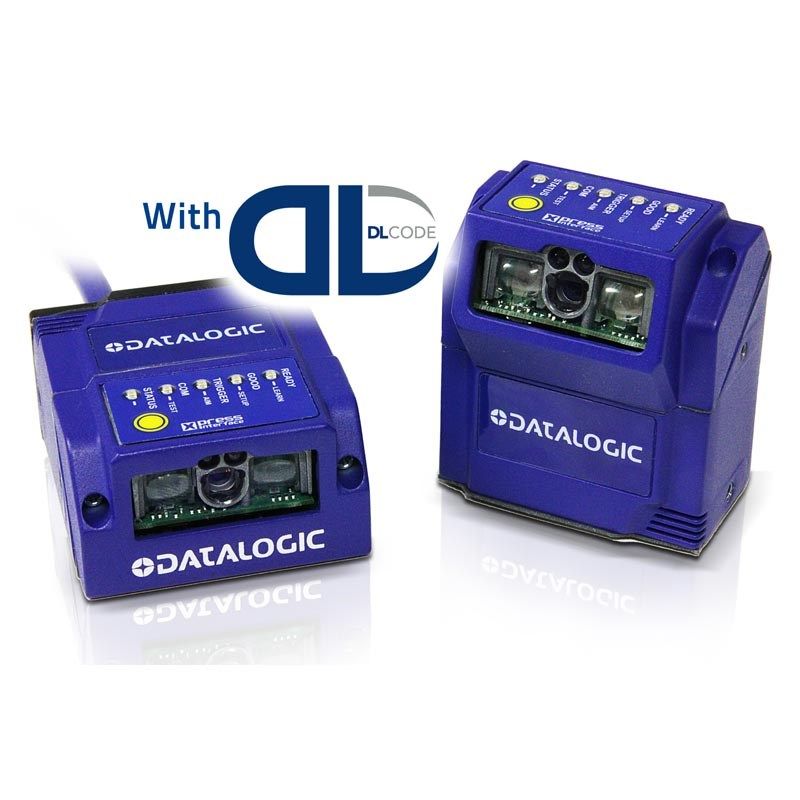 Blue Datalogic barcode scanners shown front and back with “With DL Code” text