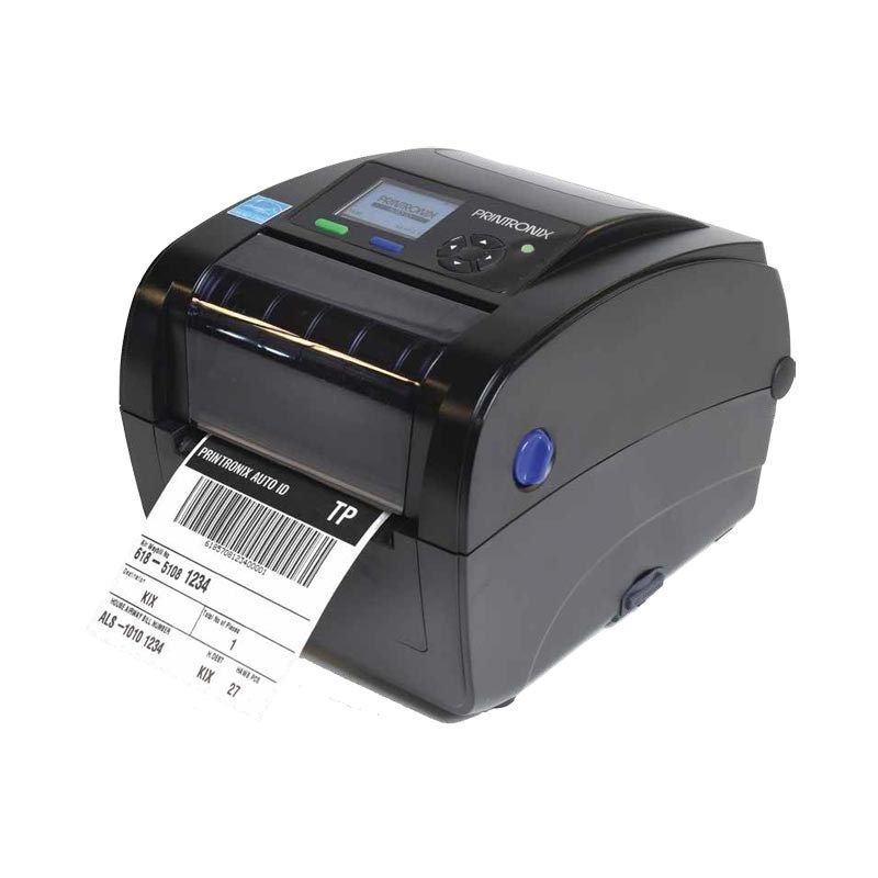 Black label printer printing a shipping label on a white background