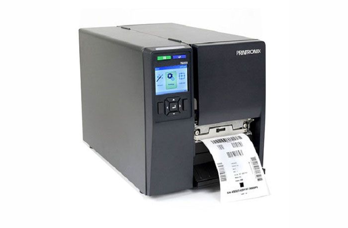 Black desktop label printer printing a shipping label with a small touchscreen display