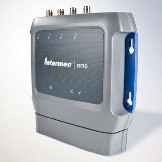 Intermec RFID reader, gray with blue side panel, shown in a product view