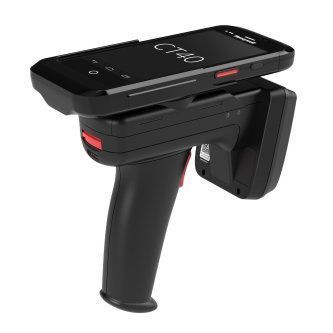 Black handheld barcode scanner with a display and trigger grip on a white background