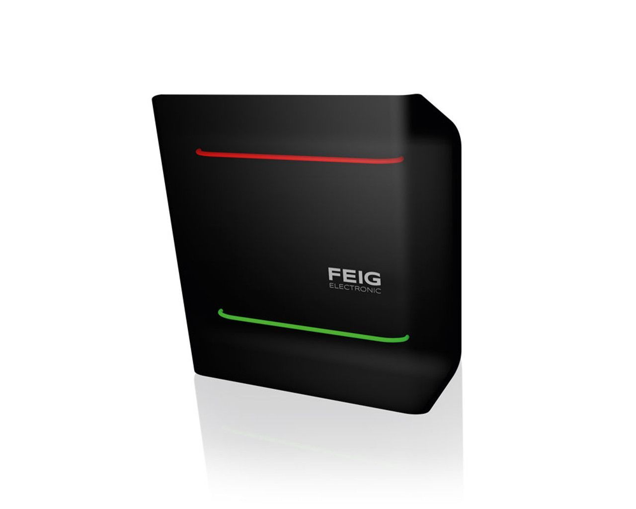 Black FEIG device with red and green indicator lines on a white background