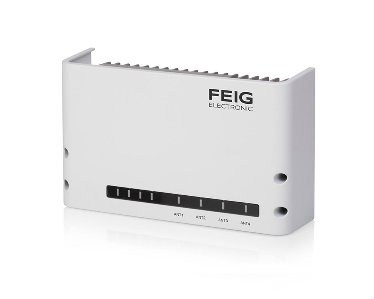 White FEIG electronic device with front display panel and black status window on a plain background