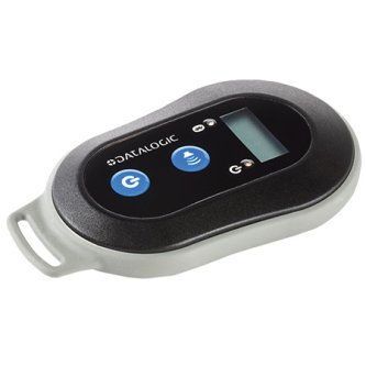 Black-and-silver dual-button remote with small display and strap loop