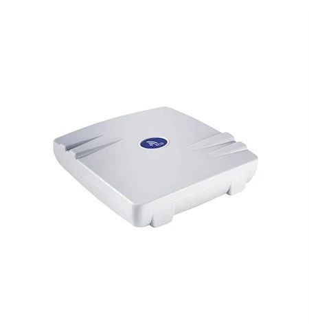 White plastic electronic device with blue logo on a plain background