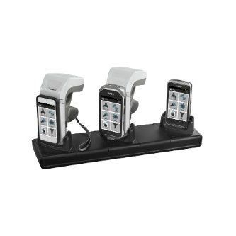 Three cordless phone handsets on a black charging base