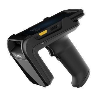 Black handheld barcode scanner with yellow button on a white background