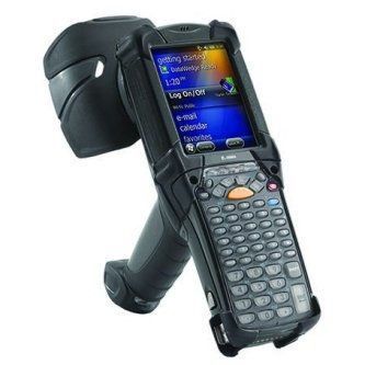 Black rugged handheld mobile device with a screen and keypad, attached to a holster-like handle.