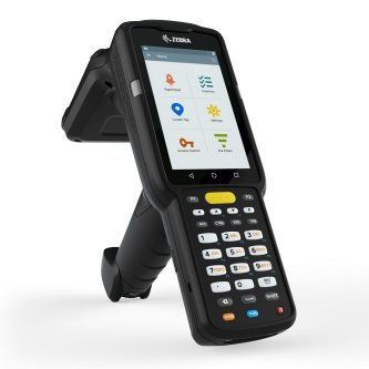 Black handheld payment terminal with touchscreen and keypad on a stand