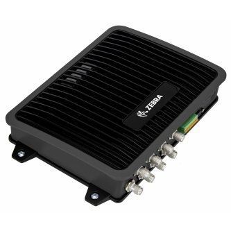 Black Zebra network device with ribbed top and multiple connectors on the side