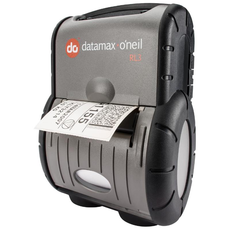 Black Datamax-O’Neil label printer printing a shipping label with a roll of labels visible