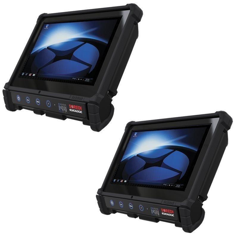 Two rugged black portable monitors with blue screens, angled on a white background