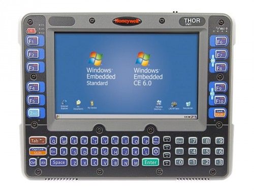 Rugged handheld computer with Windows Embedded CE 6.0 on a blue screen and many backlit keys