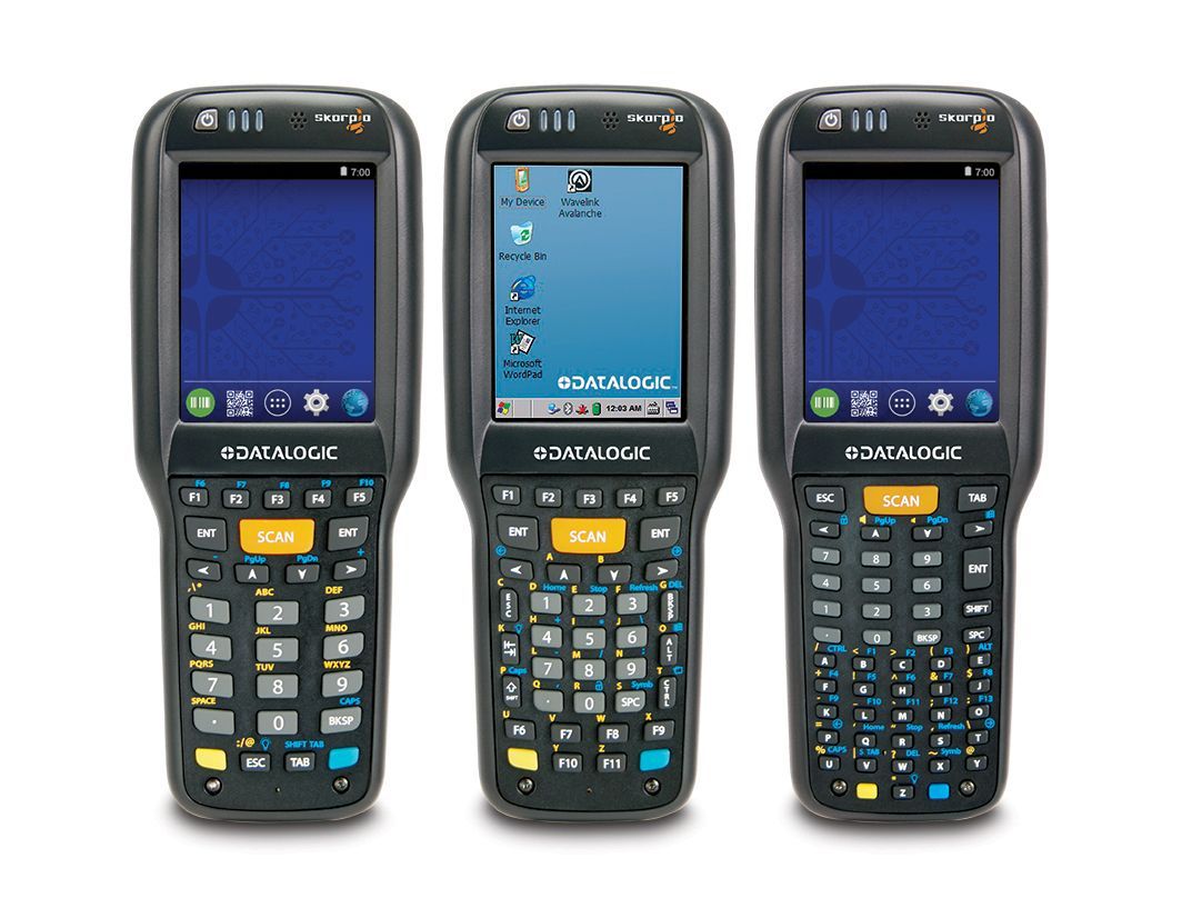 Three rugged handheld barcode scanners shown front-facing, one with a blue screen and two with dark screens.