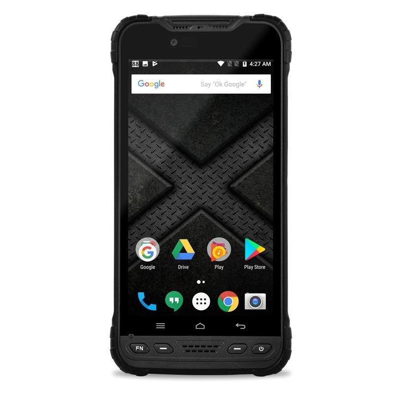 Rugged black smartphone showing an Android home screen with app icons on a black textured wallpaper