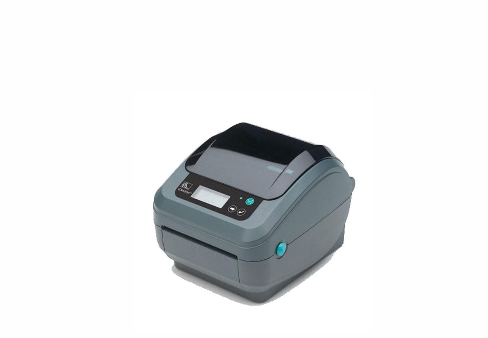 Gray desktop label printer with a small display and control buttons, shown on a white background