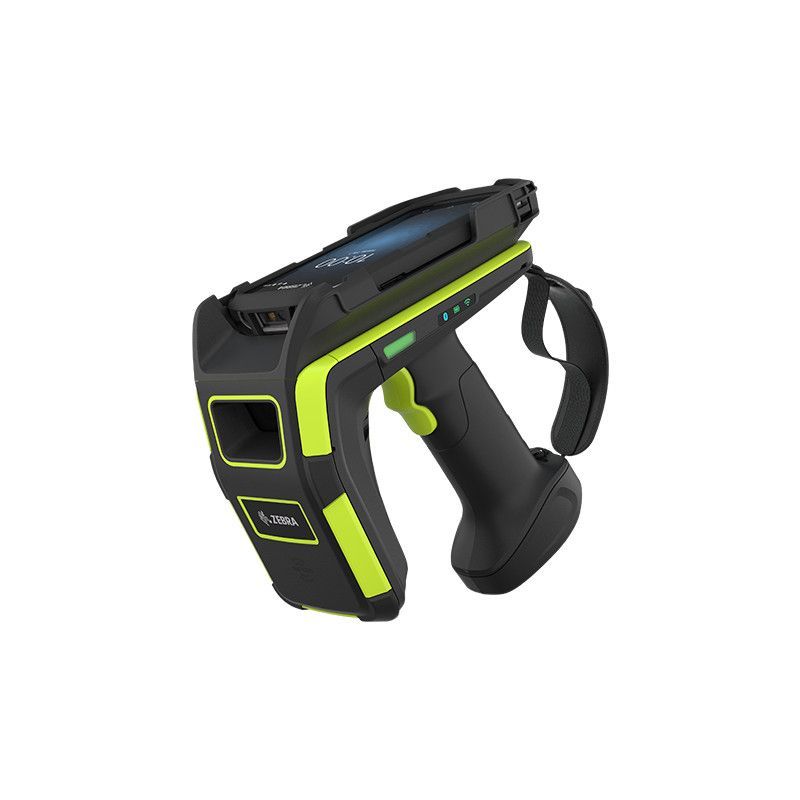 Black and neon green handheld barcode scanner with trigger grip and wrist strap