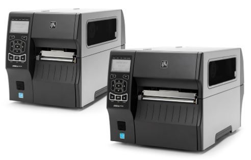 Two black desktop label printers on a white background