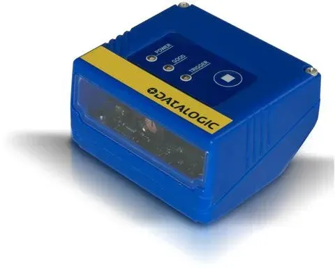 Blue portable device with a front display and yellow label on top, angled on a white background