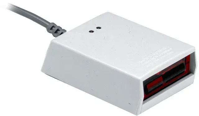 White rectangular barcode scanner with a black cable and red scanning window