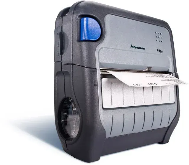 Gray industrial printer with a blue accent, printing a sheet of paper