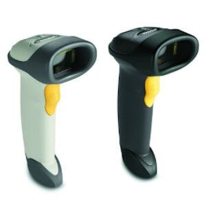 Two handheld barcode scanners, one light gray and one black, shown side by side on a white background