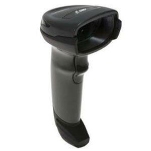 Black handheld barcode scanner on a white background