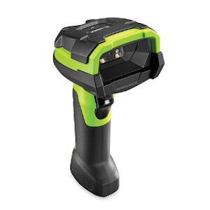 Green and black handheld barcode scanner on white background